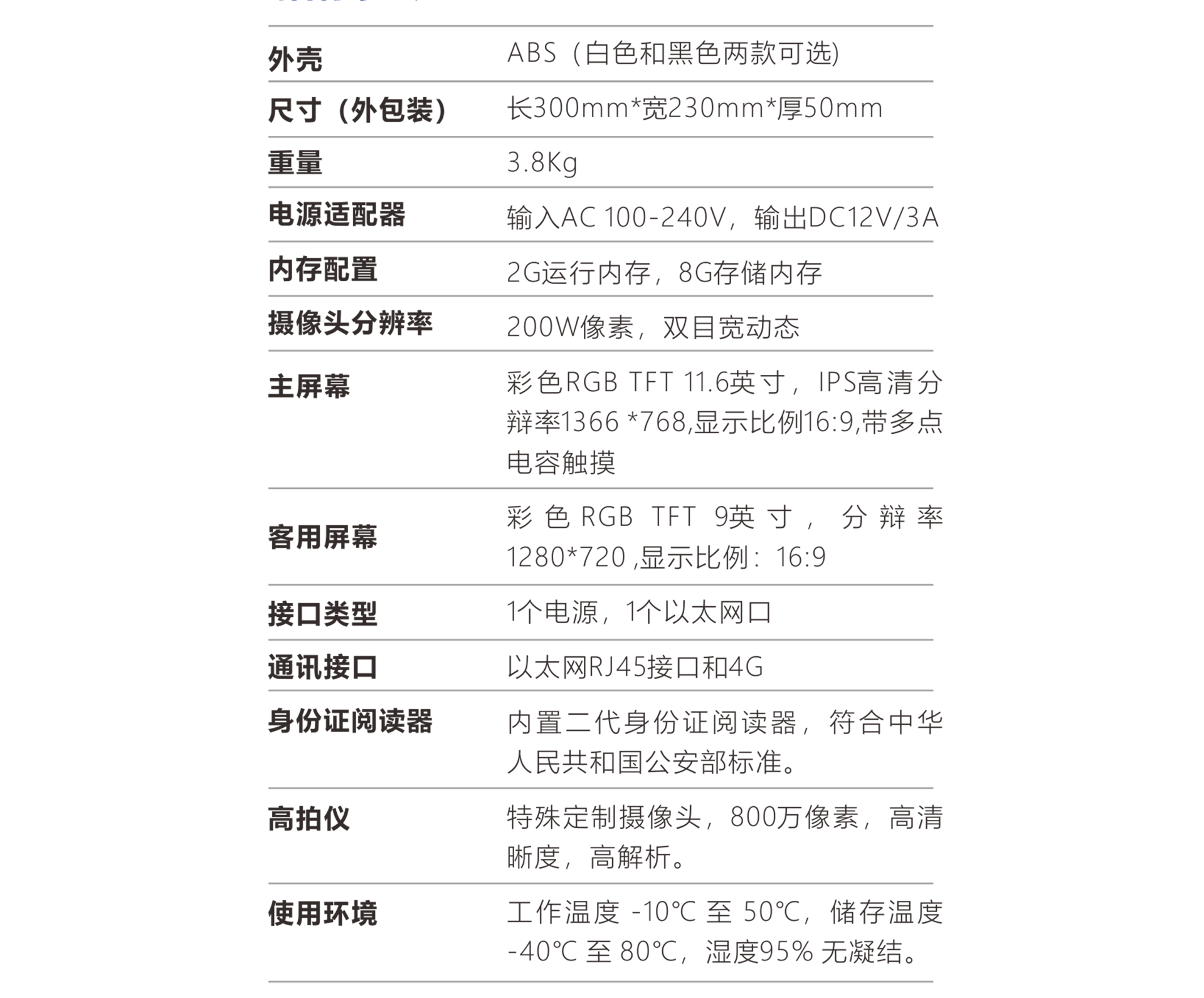 訪客機(jī)主要參數(shù)